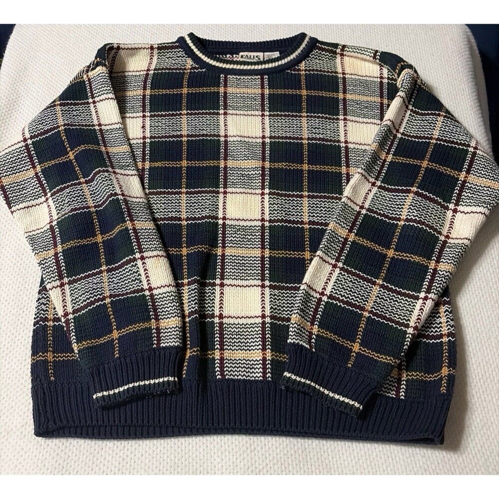 Vintage Falls Creek Plaid Knit Sweater 100% Cotton Crewneck Navy Cream Size M